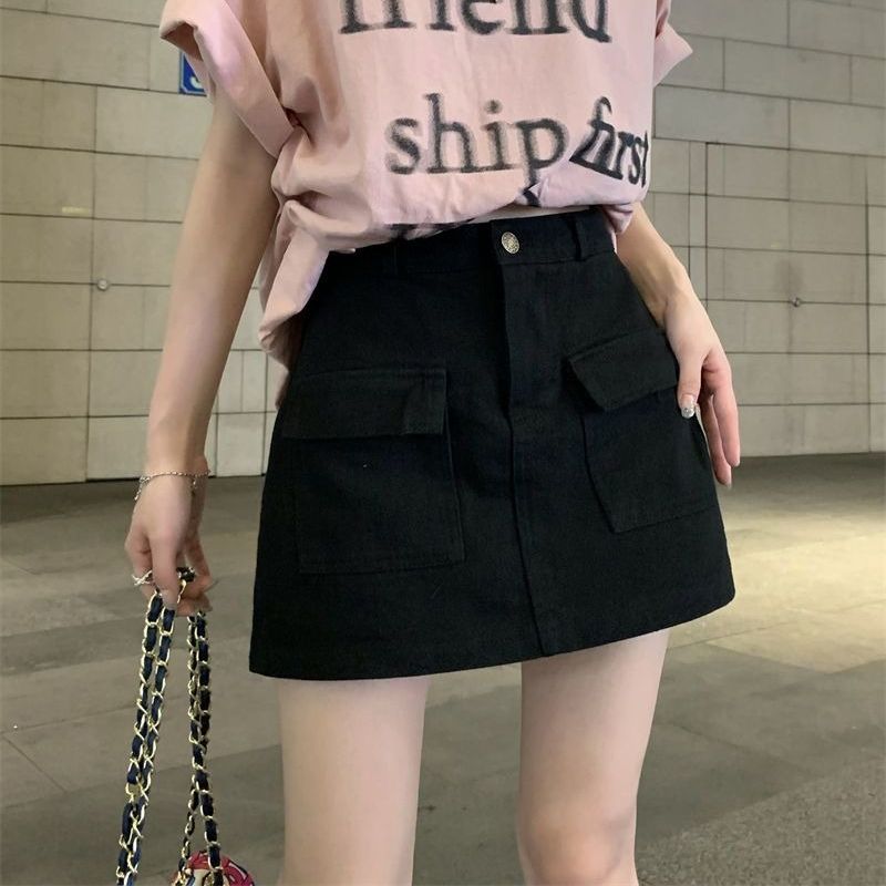 K Retro Workwear Denim Skirt For Women, High Waist, Loose Fit, Slimming A-line Skirt, Spicy Girl Short Skirt_mkmklike.com