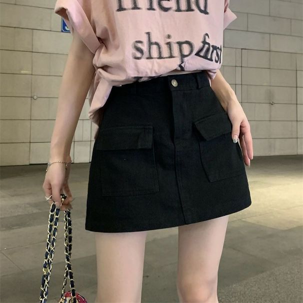 K Retro Workwear Denim Skirt For Women, High Waist, Loose Fit, Slimming A-line Skirt, Spicy Girl Short Skirt_mkmklike.com
