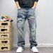 Unisex Distressed Patchwork Denim Jeans Relaxed Straight Leg Vintage Washed High Street Fashion_mkmklike.com