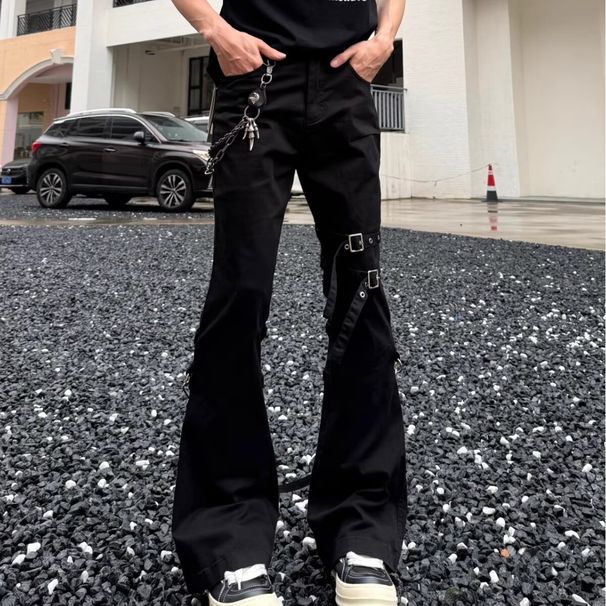 Men's Retro Lace-Up Black Stretch Cargo Jeans - High-Waisted Slim Fit Bootcut Pants For Spring & Summer_mkmklike.com
