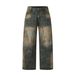 Unisex Vintage Wave-Print Jeans - Earth-Tone Washed Denim Pants With Handcrafted Distressing Heritage Wash Methods_mkmklike.com