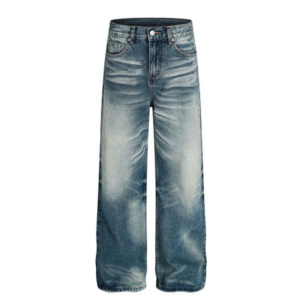Men's Vintage Washed Blue Straight Leg Jeans With Cat Whisker Design - Classic Streetwear Style For Casual Outfits_mkmklike.com