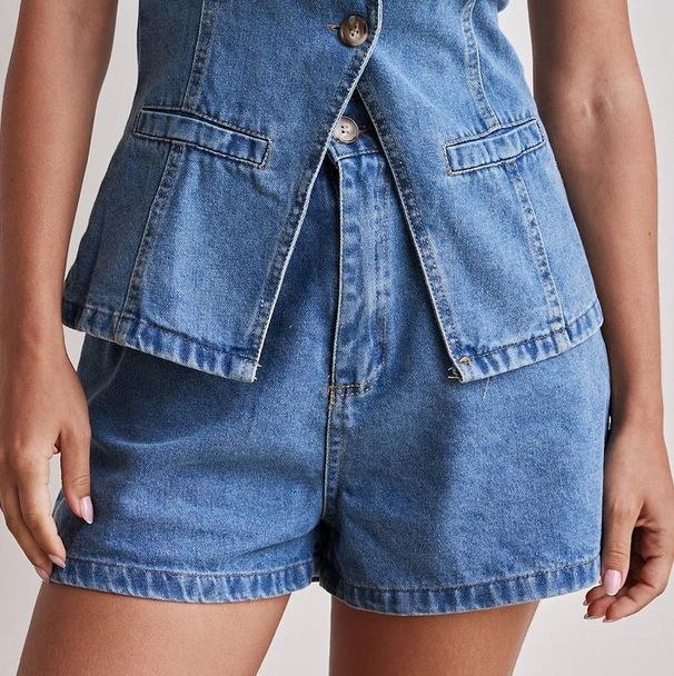 Women's Clothing Fashion Sleeveless Waist High Waist Loose Denim Shorts Set_mkmklike.com