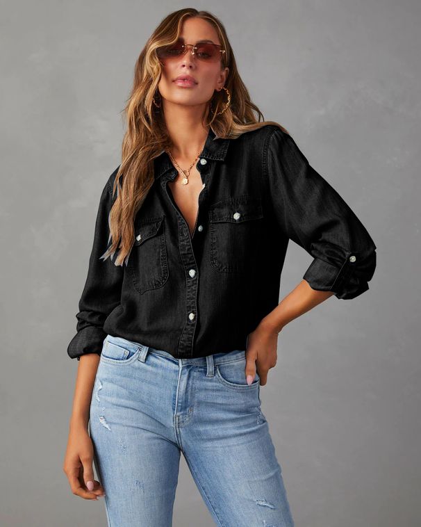 K Denim Shirt Casual Lapel Single Breasted Women's Long Sleeved Denim_mkmklike.com