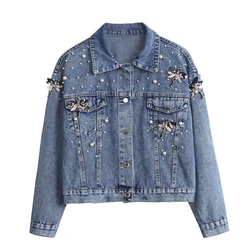Women's Embroidered Denim Jacket – Heavyweight Vintage Dragonfly Beaded Loose Fit Long Sleeve Coat (Black & Denim Blue, M-XL)_mkmklike.com