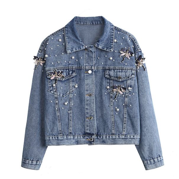 Women's Embroidered Denim Jacket – Heavyweight Vintage Dragonfly Beaded Loose Fit Long Sleeve Coat (Black & Denim Blue, M-XL)_mkmklike.com