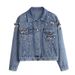 Women's Embroidered Denim Jacket – Heavyweight Vintage Dragonfly Beaded Loose Fit Long Sleeve Coat (Black & Denim Blue, M-XL)_mkmklike.com