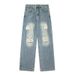 Men's Rhinestone Ripped Jeans Loose Straight Leg Retro Washed High Street Style Denim Pants New Spring_mkmklike.com