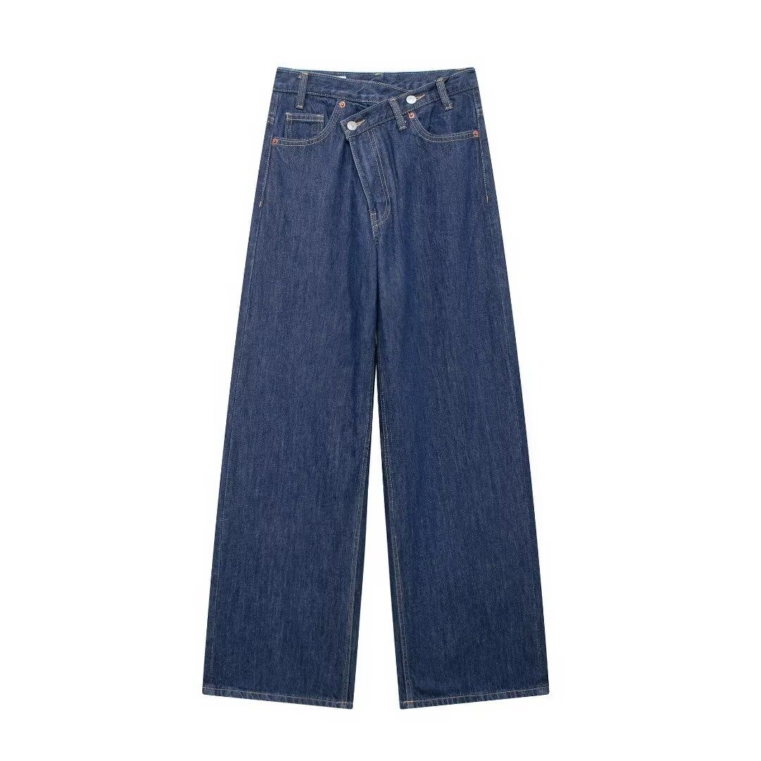 European And American Cross-border Clothing Wholesale: Women's Double-breasted High-waisted Wide-leg Jeans_mkmklike.com
