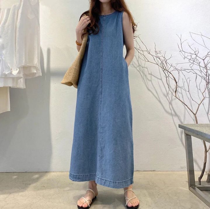 2025 New Fashionable Round Neck Sleeveless Long Denim Dress Loose Fit With Pockets Elegant Bohemian Style Pullover Dress_mkmklike.com