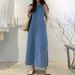 2025 New Fashionable Round Neck Sleeveless Long Denim Dress Loose Fit With Pockets Elegant Bohemian Style Pullover Dress_mkmklike.com