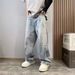 Unisex Retro High-Waisted Ripped Jeans Ink Splatter Pattern Straight Leg Trousers For Spring Autumn_mkmklike.com