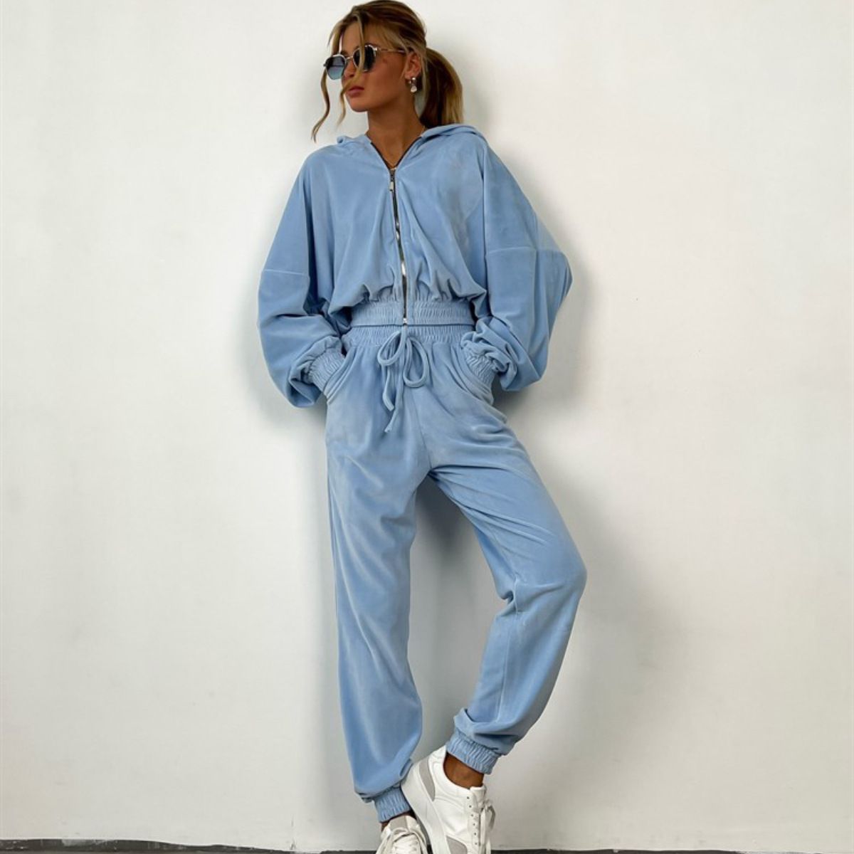 Women's Clothing Solid Color Cardigan Hooded Pants Women's Leisure Fashion Long Sleeve Sweater Set_mkmklike.com