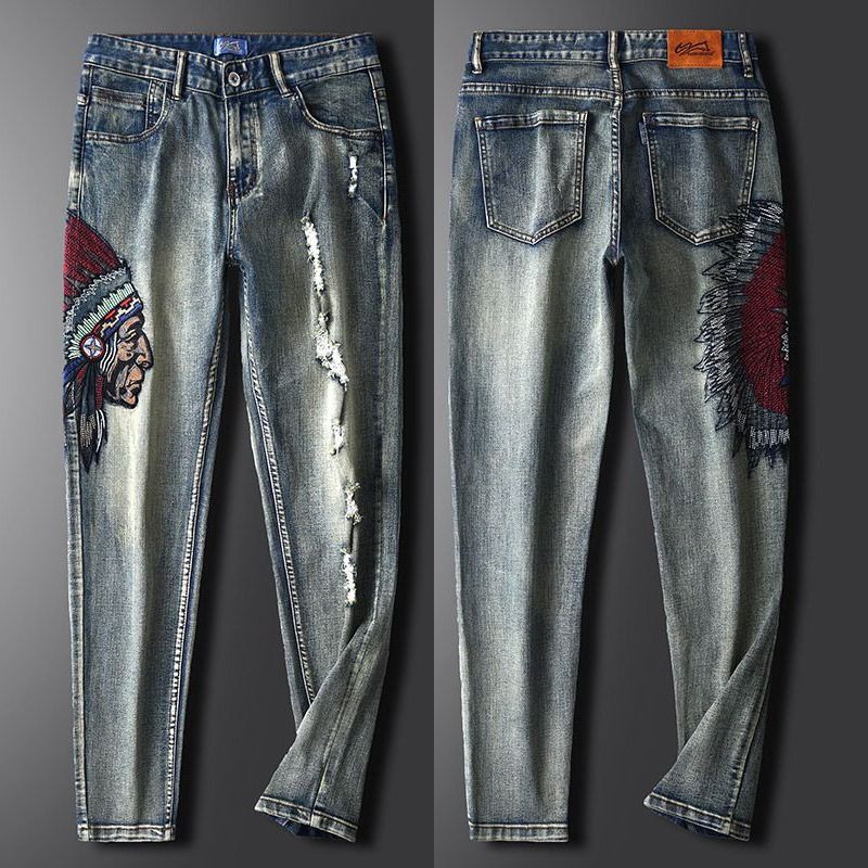 European Station Head Large Embroidered Jeans Men's Quality Elastic American Locomotive Old Jeans Men's Cross-border Special Supply_mkmklike.com