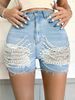 Beaded Shorts Burrs Ripped Personalized Denim Shorts Slim High Waist Hot Pants_mkmklike.com