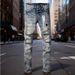 Men Women Y2K Stacked Flared Jeans, Light Blue Snow Wash With Multiple Frayed Rips & White Splatter Accents, Cool & Breathable For Summer_mkmklike.com