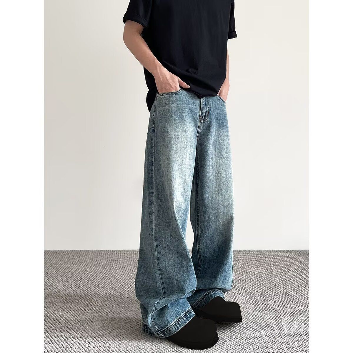 Cleanfit Men's Distressed Blue Jeans High Street Style Trendy Straight Leg Versatile Wide Leg Trousers Cool And Stylish_mkmklike.com