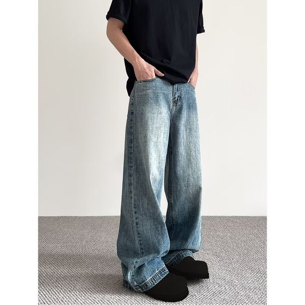 Cleanfit Men's Distressed Blue Jeans High Street Style Trendy Straight Leg Versatile Wide Leg Trousers Cool And Stylish_mkmklike.com