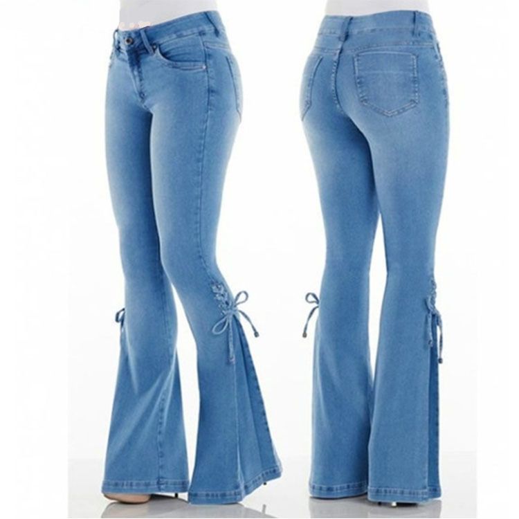 Women's Clothing Jeans Mid Waist Flared Lace Up Denim Trousers Stretch Jeans Women's Flared Pants_mkmklike.com