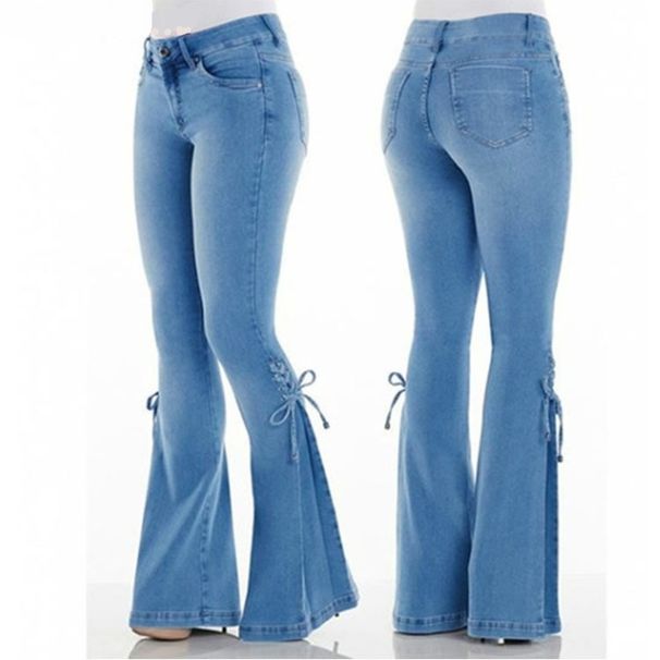 Women's Clothing Jeans Mid Waist Flared Lace Up Denim Trousers Stretch Jeans Women's Flared Pants_mkmklike.com