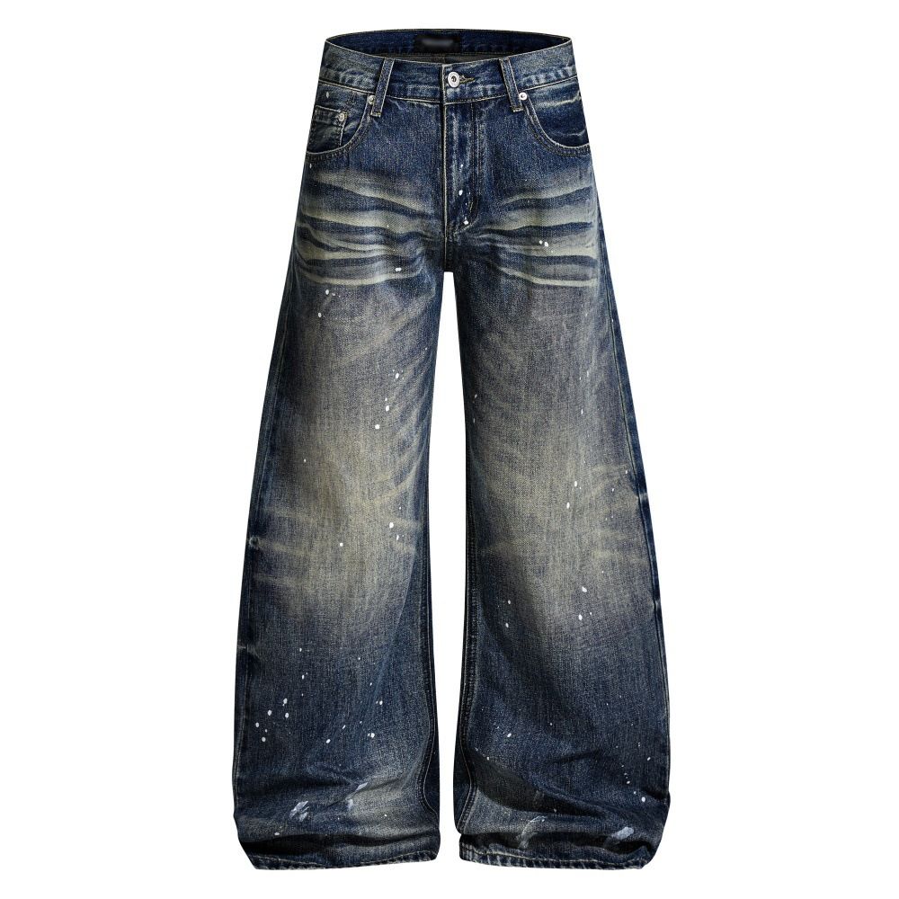 Vintage Punk Style Men's Floor Length Trousers Loose Fitting Paint Splatter Inspired Washed And Distressed Curved Blade Blue Jeans_mkmklike.com