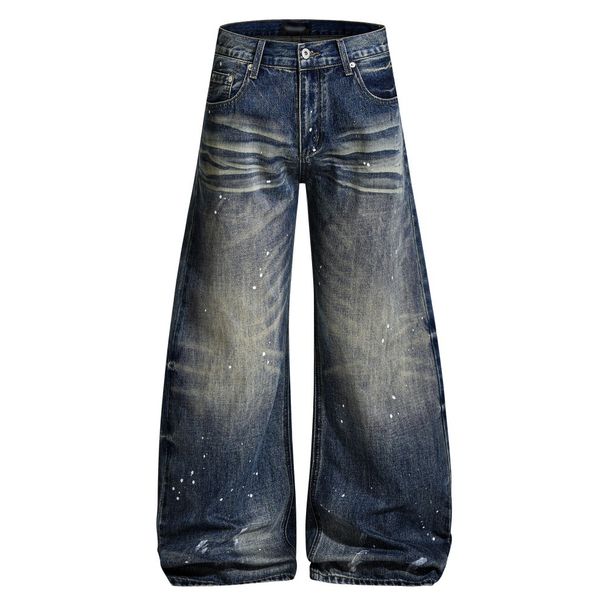 Vintage Punk Style Men's Floor Length Trousers Loose Fitting Paint Splatter Inspired Washed And Distressed Curved Blade Blue Jeans_mkmklike.com