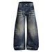 Vintage Punk Style Men's Floor Length Trousers Loose Fitting Paint Splatter Inspired Washed And Distressed Curved Blade Blue Jeans_mkmklike.com