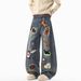 American Cartoon Towel Embroidered Jeans Men's Winter Trendy Brand Design Sense Wide-leg Pants Loose And Versatile Floor-mopping Trousers_mkmklike.com