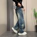 Men's Retro Hand Painted Straight Leg Jeans Washed Denim Spring Summer Trendy Casual Wide Leg Pants Loose Fitting_mkmklike.com