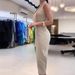 Women's clothing solid color fashion round neck pleated slit slim dress_mkmklike.com