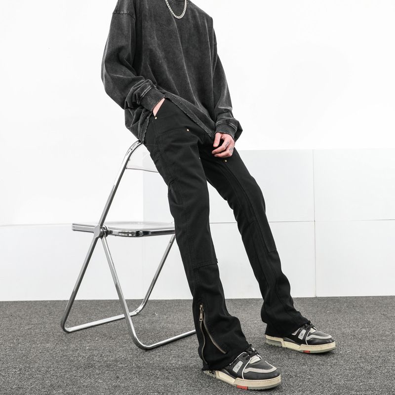Nordmann American High Street Vibe Jeans Men Ins Trendy Brand Frayed Zipper Cargo Slim Straight Micro Flared Pants_mkmklike.com