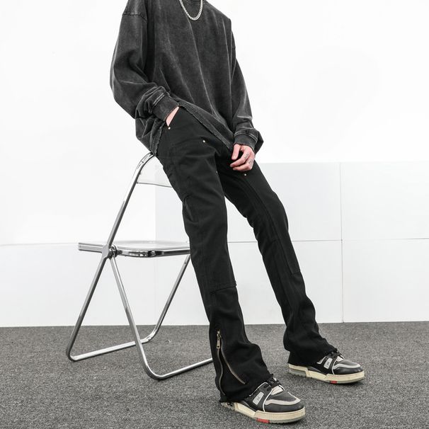 Nordmann American High Street Vibe Jeans Men Ins Trendy Brand Frayed Zipper Cargo Slim Straight Micro Flared Pants_mkmklike.com