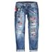 Women's Ripped Jeans Style Button Pocket Detail Flag Design Printed Trousers_mkmklike.com