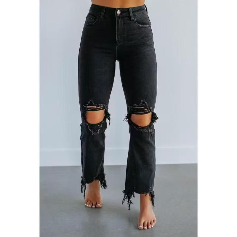 K New Tight Cropped Jeans With Ripped Holes For Women_mkmklike.com