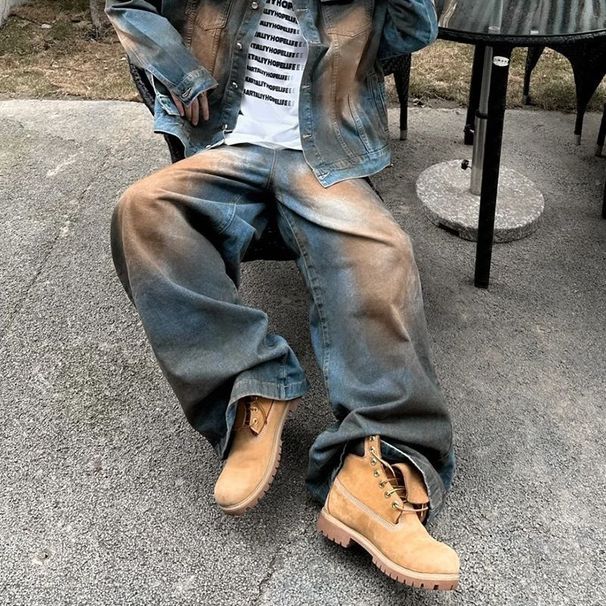 Yellow Mud Color Denim For Men High-end European American Street Style Men's Spring And Autumn Vintage Distressed Padded_mkmklike.com