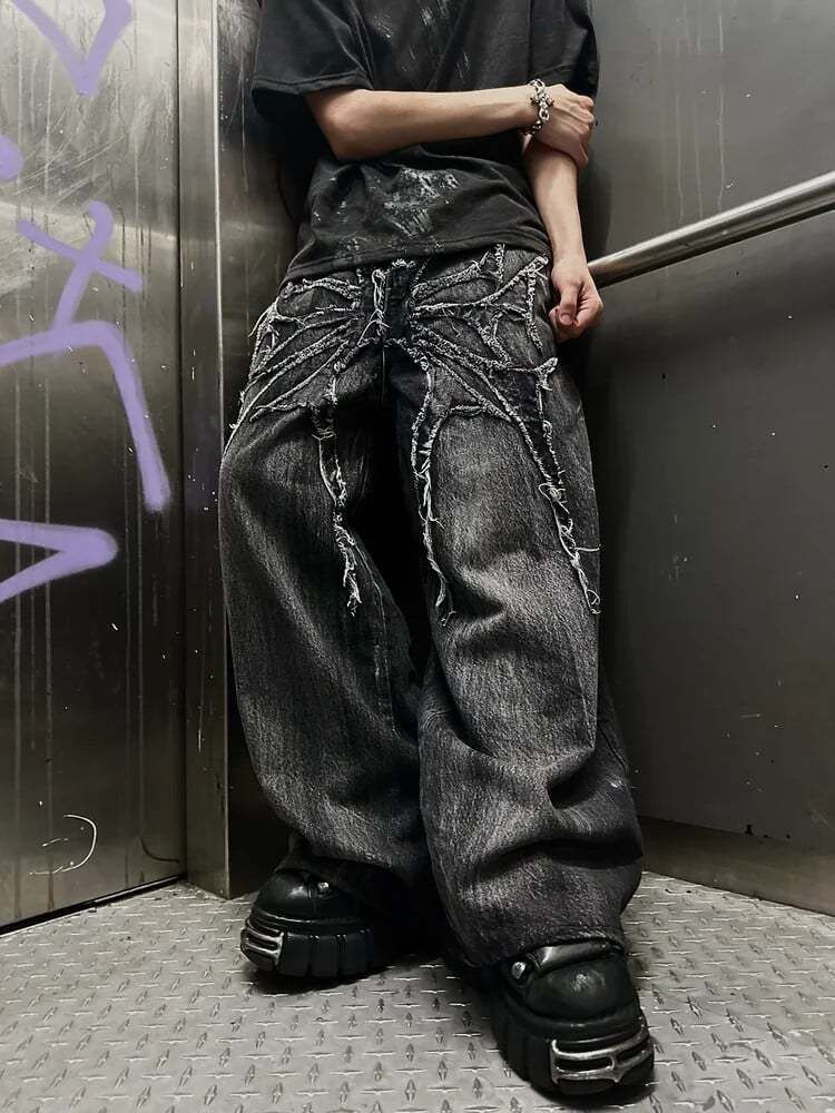 Men's Clothing Y2k Street Dark Punk Embroidery Raw Edge Patch Wide Leg Pants Street Loose Trousers Jeans_mkmklike.com