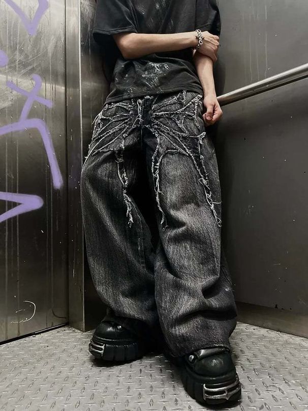 Men's Clothing Y2k Street Dark Punk Embroidery Raw Edge Patch Wide Leg Pants Street Loose Trousers Jeans_mkmklike.com