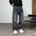 Men's Distressed Cross-Embroidery Jeans – Vintage American Style, Loose Straight-Leg Denim With Splatter Paint & Ripped Details_mkmklike.com