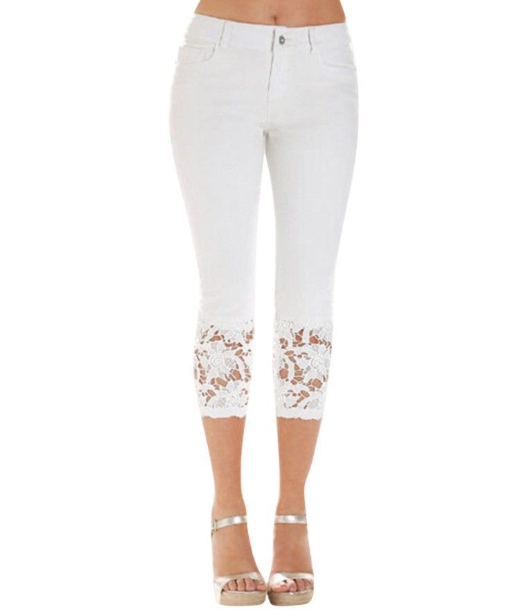 Women’s High-Waisted Stretch Denim Capri Pants – Slim Fit, Lace Trim, Wash Effect (S-5XL, White/Black/Light Blue)_mkmklike.com