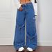 Jeans Women Denim Straight Wide Leg Pants 2025 Streetwear Button Pockets Mom Mid Waist Lace Up Bow Washed Distressed Trousers_mkmklike.com