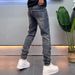 Trendy Men's Slim Fit Straight Leg Jeans High End European American Style Stretchy Casual Pants mid Waist Zipper Fly Blue_mkmklike.com