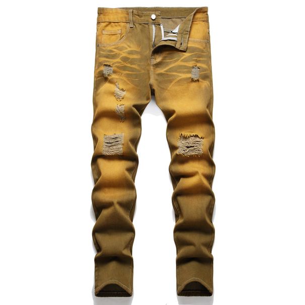Men's Straight Leg Distressed Jeans - Vintage Washed Brown Cotton Denim Pants With Ripped Details, Non-Stretch Urban Streetwear_mkmklike.com