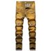Men's Straight Leg Distressed Jeans - Vintage Washed Brown Cotton Denim Pants With Ripped Details, Non-Stretch Urban Streetwear_mkmklike.com