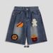 Men's Summer Thin Loose Denim Shorts High Street Style American Trendy And Cool Five Point Embroidery with Hamburger Fries Towel_mkmklike.com