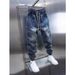 Retro Patchwork Jeans – Distressed Washed Denim Pants With Adjustable Drawstring & Tapered Leg (S-3XL, Vintage Blue, Cotton Comfort)_mkmklike.com