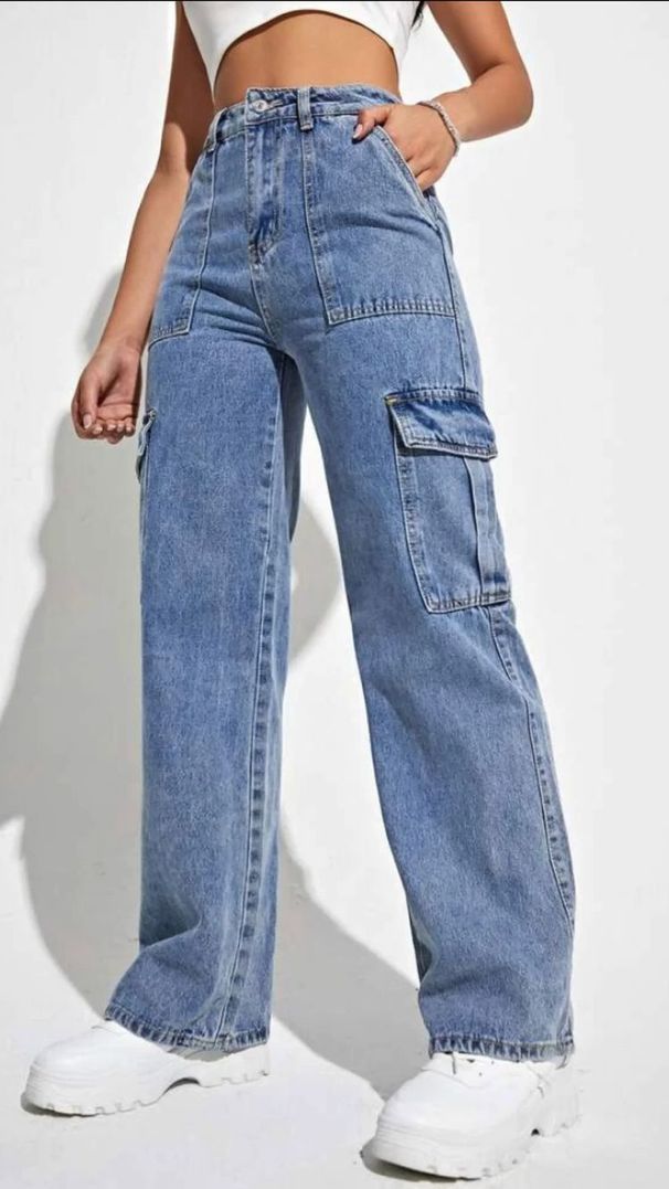 Streetwear Distressed Denim Jeans For Women – Loose Fit Multi-Pocket Cargo Pants (Blue, S-Xl) Functional Pockets_mkmklike.com