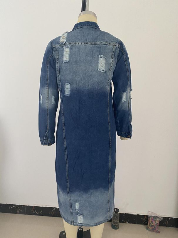 Women's fashion blue wash loose large ripped top_mkmklike.com