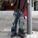 Unisex Loose Wide Leg Straight Leg Camouflage Jeans Ripped Patch American Retro Vibe Floor Length Pants_mkmklike.com