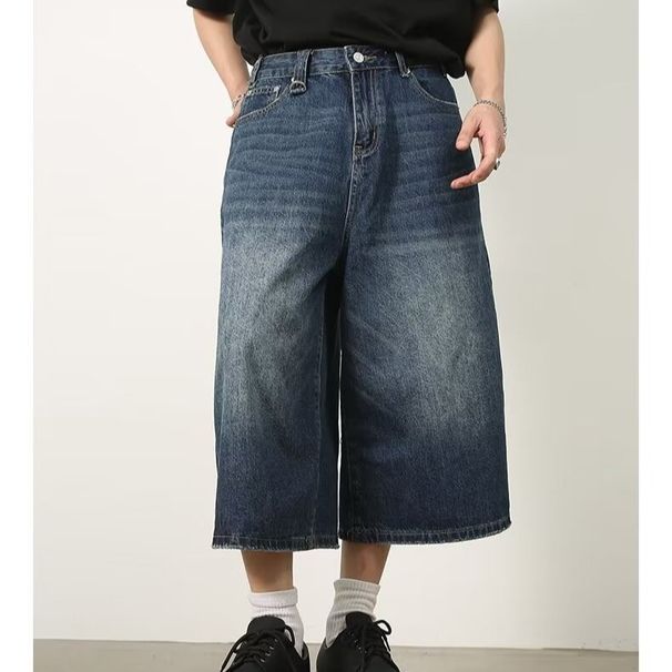 Unisex Vintage Washed Denim Shorts Mid-Length Relaxed Fit Distressed Retro Blue Casual Streetwear S-XXXL_mkmklike.com