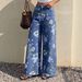 TK193 High-Waisted Wide-Leg Jeans for Women Floral Print Retro Straight Leg Trousers in Denim_mkmklike.com